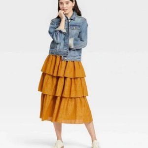 Universal Threads Women's Bohemian Gold Tiered Midi Skirt | Size S